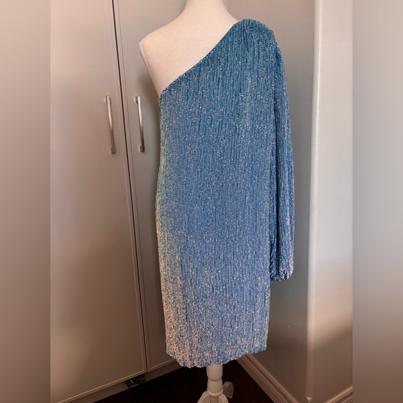 Blue Iridescent Sequin Retrofete One-Shoulder Dress - Picture 13 of 13